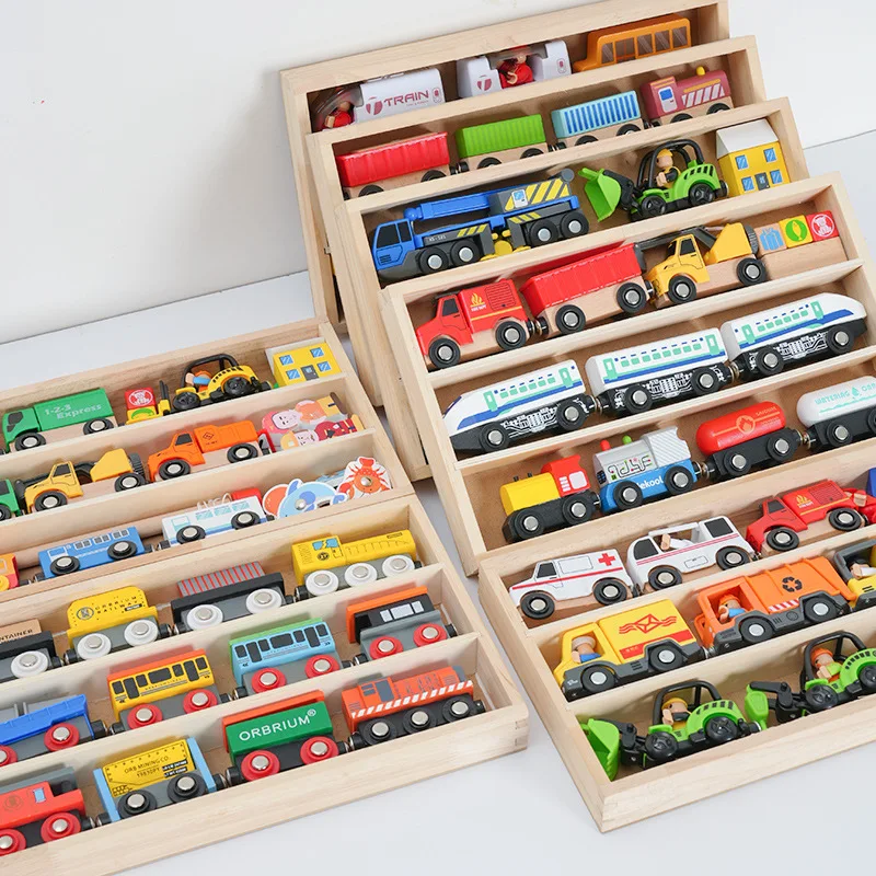 Toy Car Children\'s Wooden Box Small Train Combination Set Multi-Functional Scene Compatible Wooden Track Children\'s Gift PD74