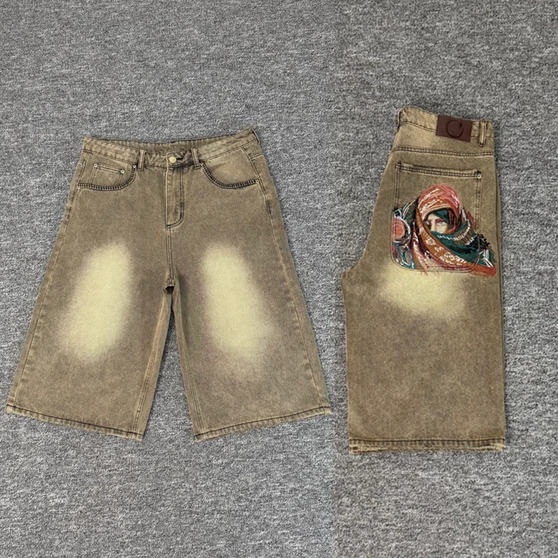 Streetwear Hip Hop Derschutze Denim Shorts High-quality Masked Pattern Embroidery Summer New Short Jeans