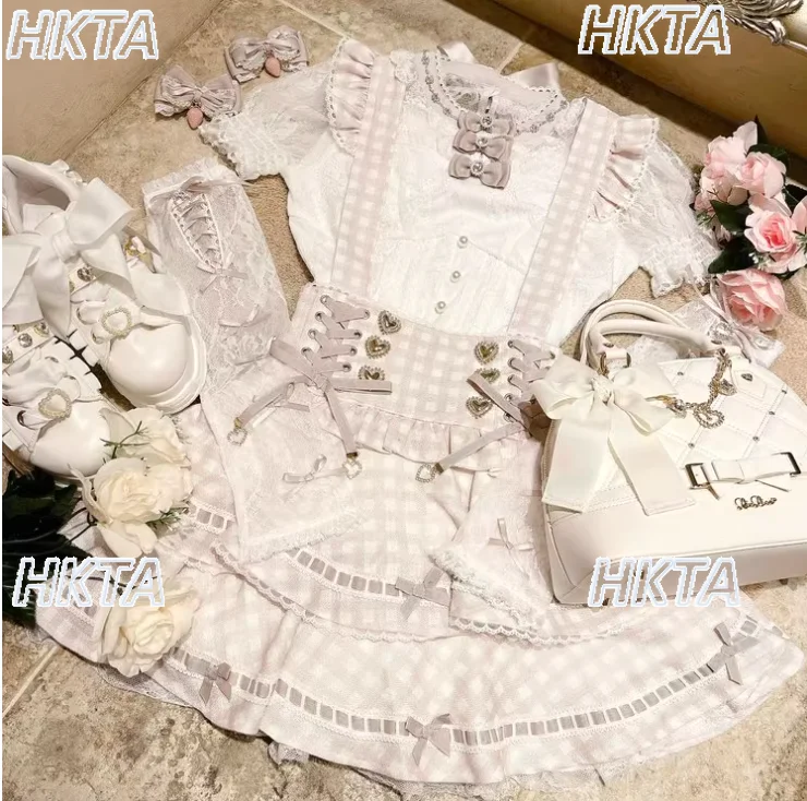 

Japanese Style Mines Skirts Sweet Cute Heavy Craft Printed Plaid Skirt Sweet Bow College Style High Waist Strap Skirt Women