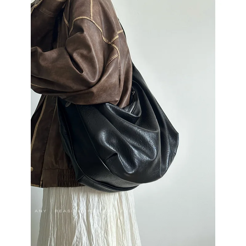 Dumpling Bag for Women 2024 New Soft Leather Large Capacity Black Retro High-end Casual Single Shoulder Crossbody Tote Bag