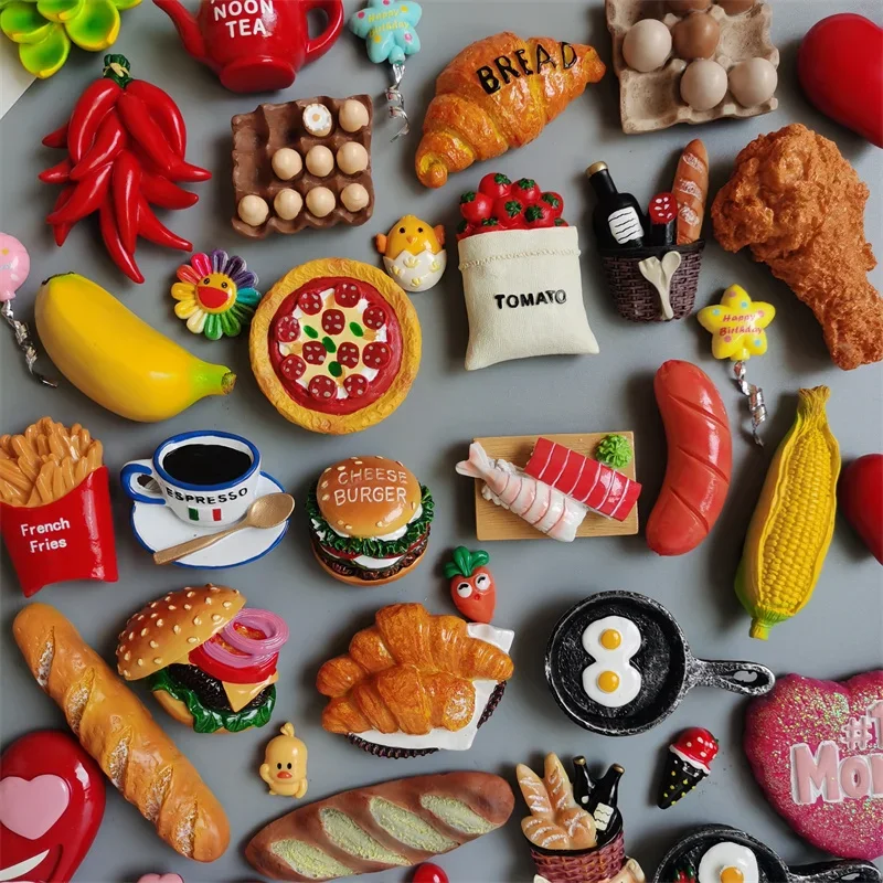 Food Magnets Hot Dog French Fries Pizza RefRigeRatoR Paste Egg Bread Hamburger Corn Fridge Sticker Home Decor