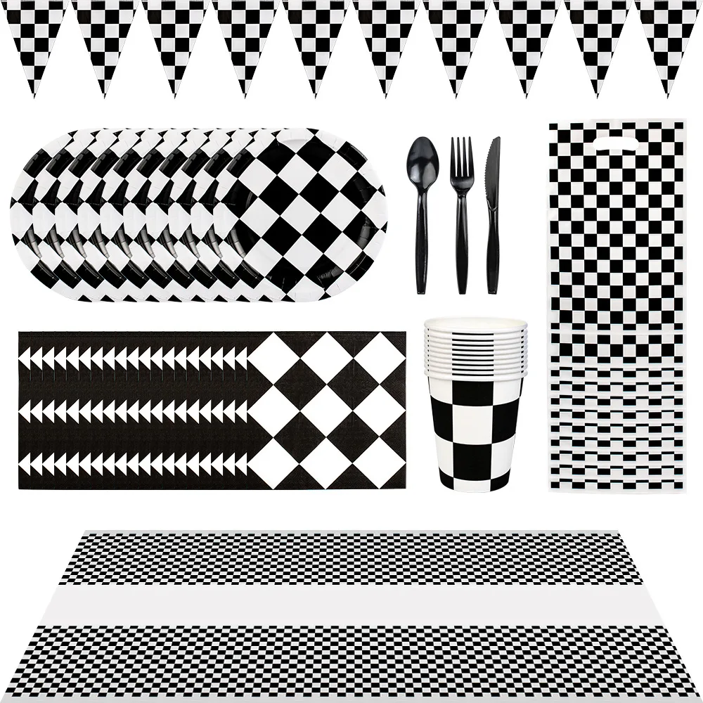 Black and White Grid Birthday Party Set, Paper Tray, Tissue Paper Cup, Birthday Party Decoration, Racing Car Mosaic