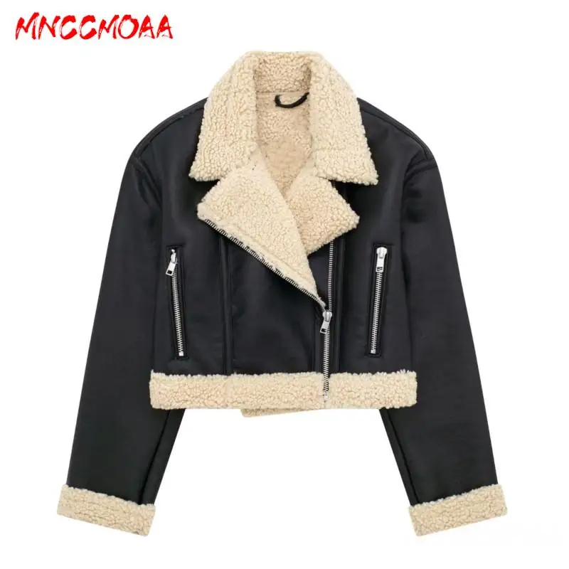 MNCCMOAA-Women\'s Faux Leather Jacket with Pockets, Long Sleeve Coat, Loose, Zipper, Casual Outerwear, Female Fashion Winter 2024