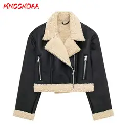 MNCCMOAA-Women's Faux Leather Jacket with Pockets, Long Sleeve Coat, Loose, Zipper, Casual Outerwear, Female Fashion Winter 2024