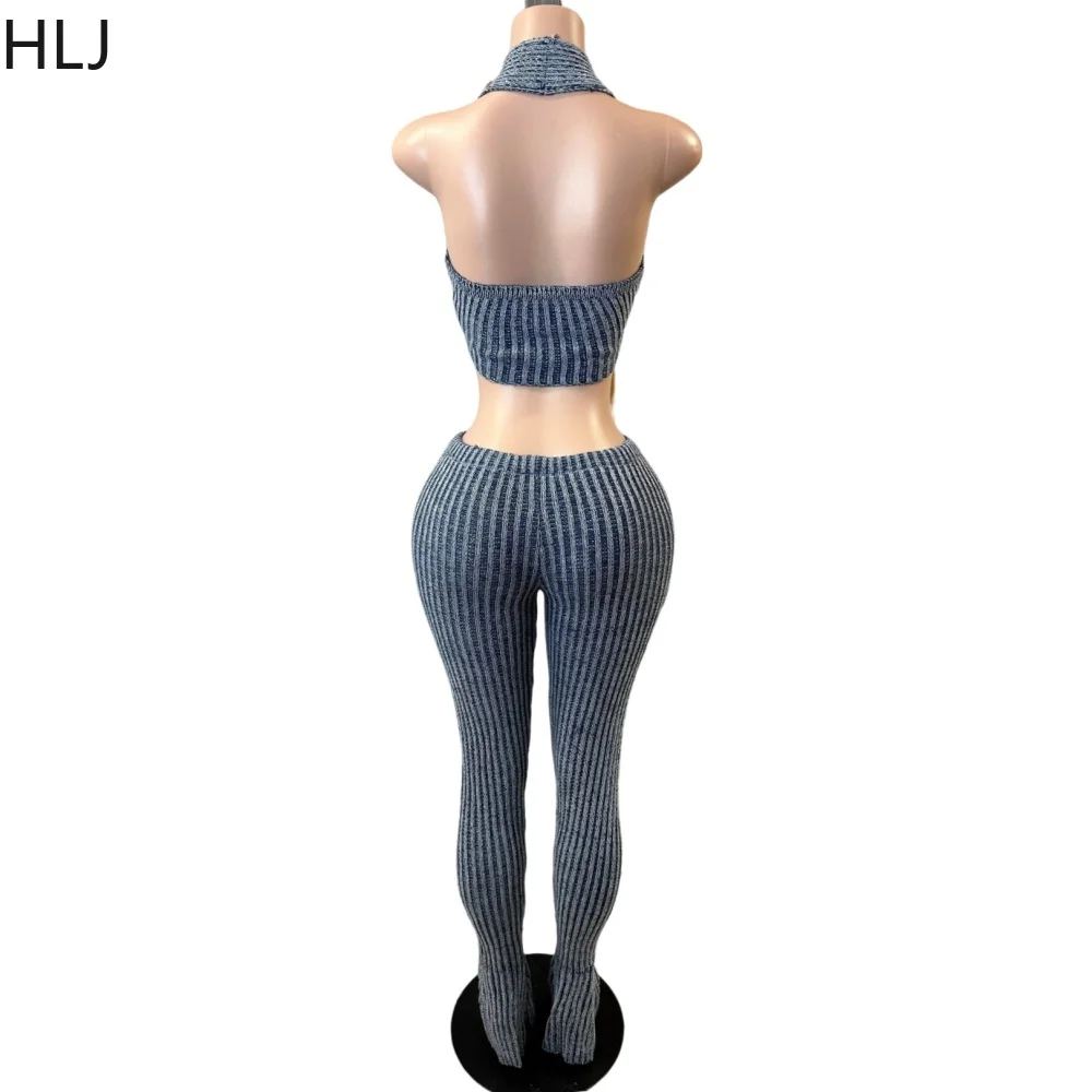 HLJ Sexy Stripe Knitting Two Piece Sets For Women Deep V Halter Slim Crop Top And Drawstring Pants Outfits Fashion 2pcs Clothing