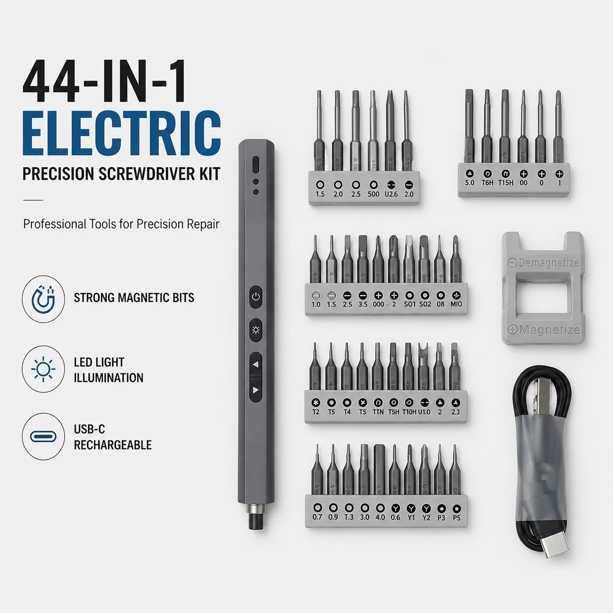 44-in-1 Electric Precision Screwdriver Kit Rechargeable Pen Style Repair Tool Magnetic Bits LED Light for Phone Laptop