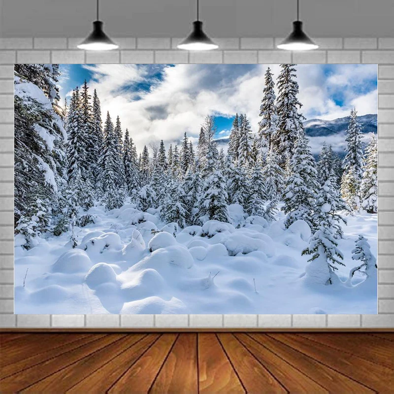 Winter Outdoor Sky Snowflake Photography Backdrop White Snow Forest Christmas Party Decoration pineTree Landscape Background