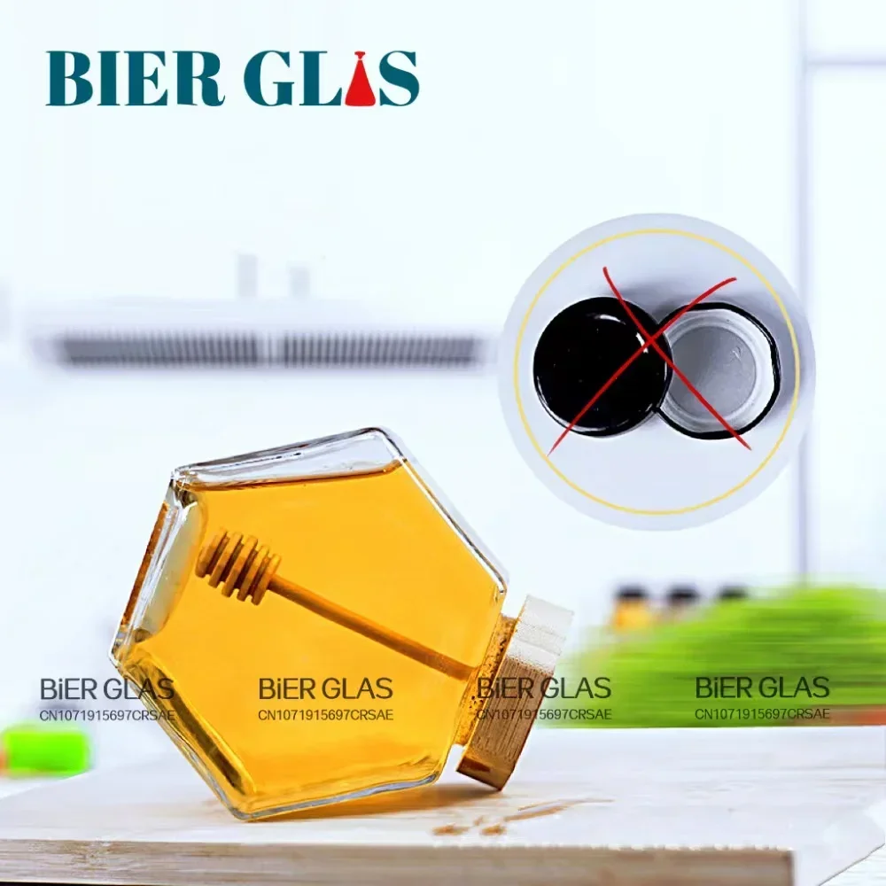 220ml 6pcs 8pcs Hexagon Honey Jar Stick Bottle with Dipper Spoon Spice Pots Glass with Bamboo Lid Storage Container Party Gift