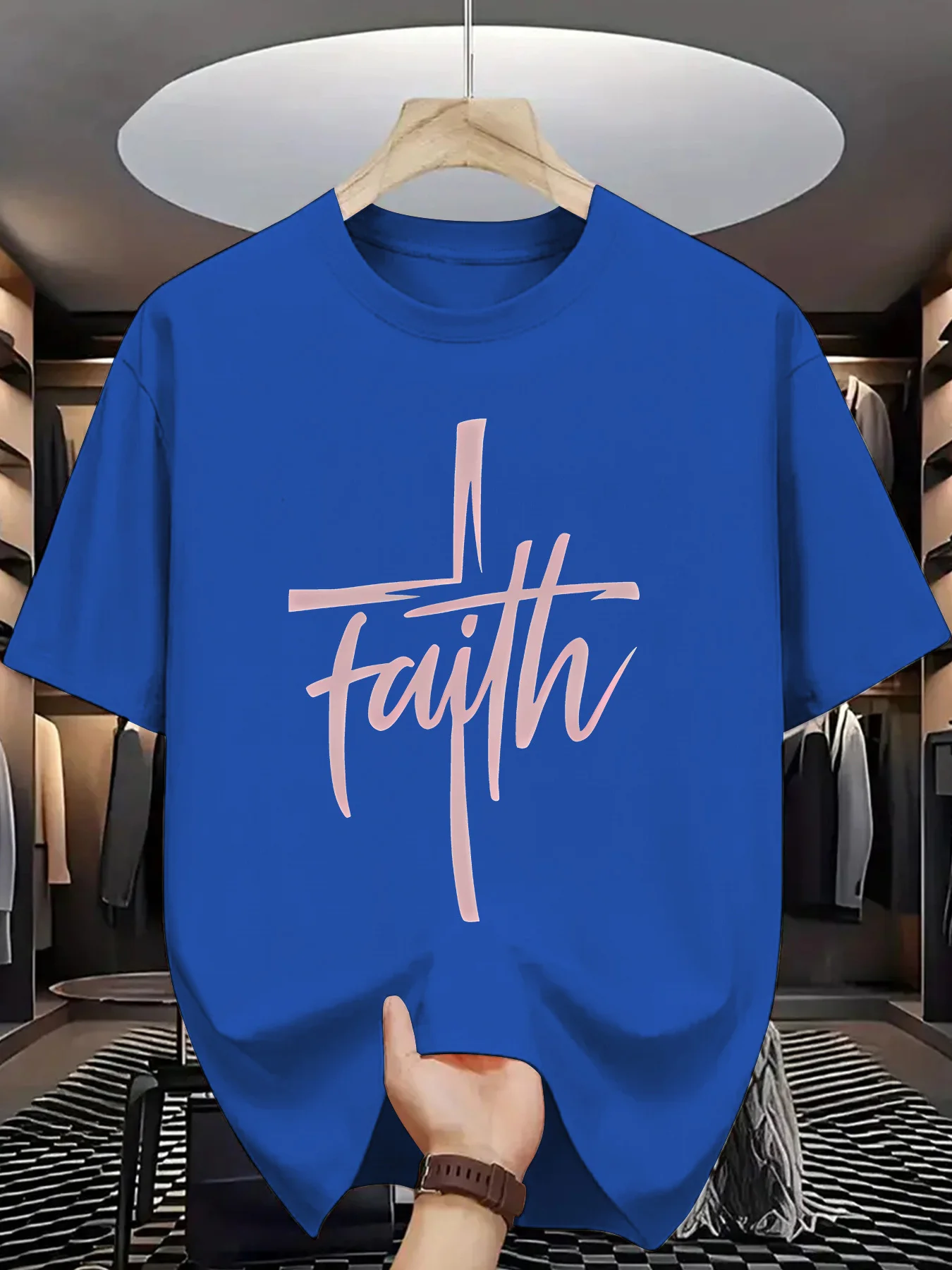 Religious Men Short Sleeve Tshirt Faith Script Text Cross Symbol Print O Neck Tee Christian Belief Male Casual Fashion Tops