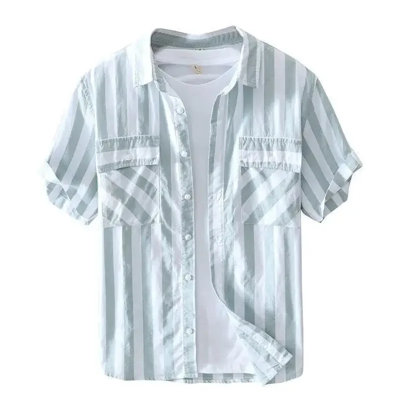 

Man Shirt Short Sleeve Green Striped with Pocket Fashion 2025 Korean Style Slim Fit Sleeves Original Silk Collar Shirts for Men