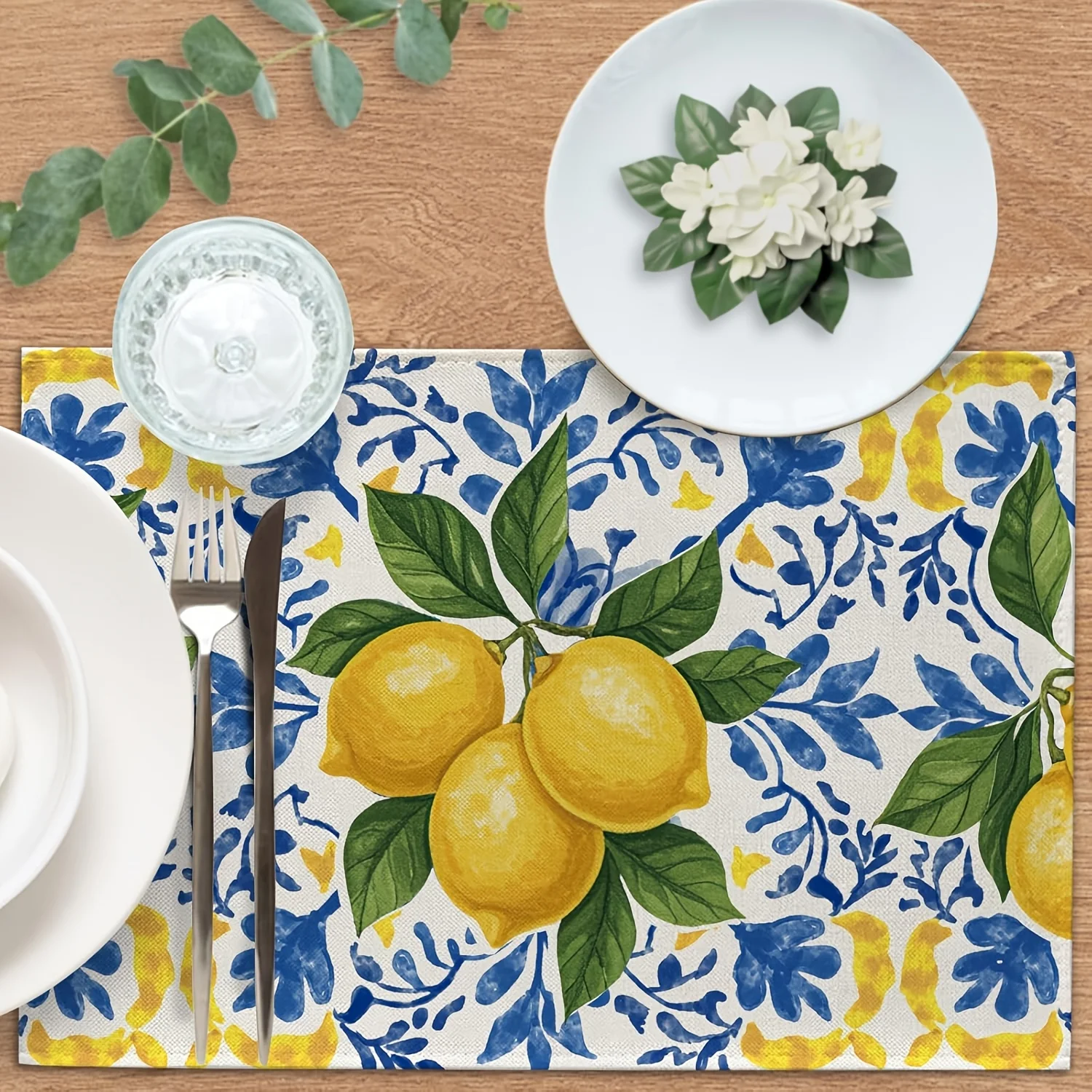 4pcs/6pcs Blue Lemon Tile Pattern Placemats for Home Kitchen Tabletop Decor, 12x18 Inches