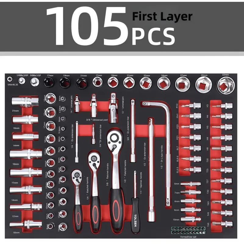 158 Piece EVA Mobile Tool Cabinet with 3 Drawers Metal Mechanical Combination Tool Set for Workshop Load Bearing 200kg
