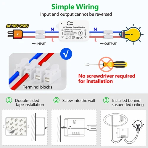 Imagen 2 del producto Interruptor de Control remoto inalámbrico Universal, 433Mhz, 110V, 220V, 10A, Mini receptor de relé RF, encendido remoto y apagado para lámpara de ventilador de bomba de luz Led
