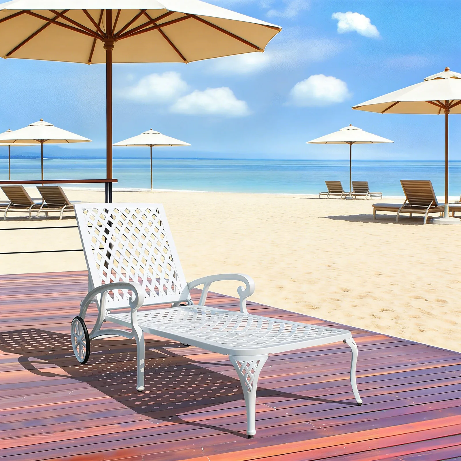 Reclining Backrest Lounge Chairs Cast Aluminum Frame Adjustable Rolling Leisure Chair for Outdoor Beach Camping Balcony Poolside