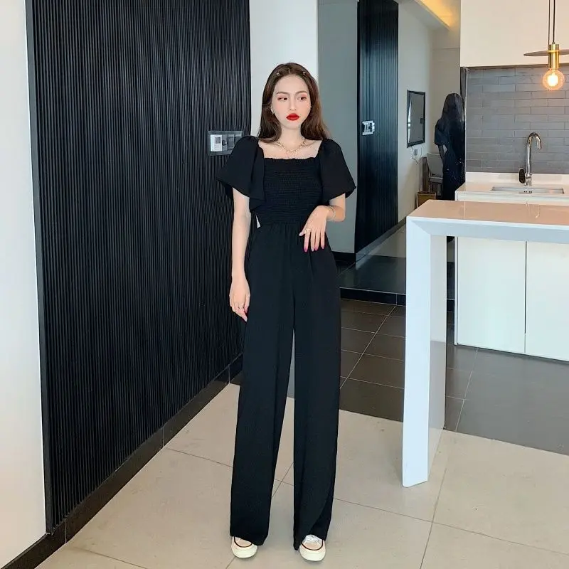 Tute a maniche corte con spalle scoperte Tute da donna eleganti con pieghe in vita Tuta dritta da donna con scollo quadrato senza schienale Estate nuova