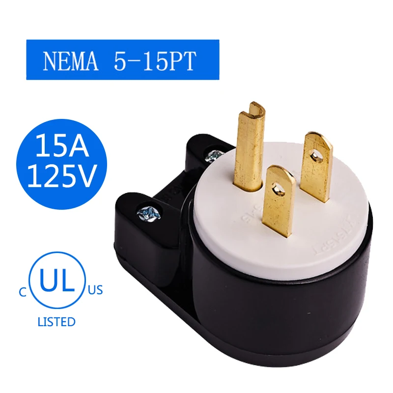 Right Angle Nema 5-15P 15A 125V AC Plug, [UL CUL] Easy Assembly 90 Degree USA Canada Male DIY Rewirable 12 Directions Adjustable