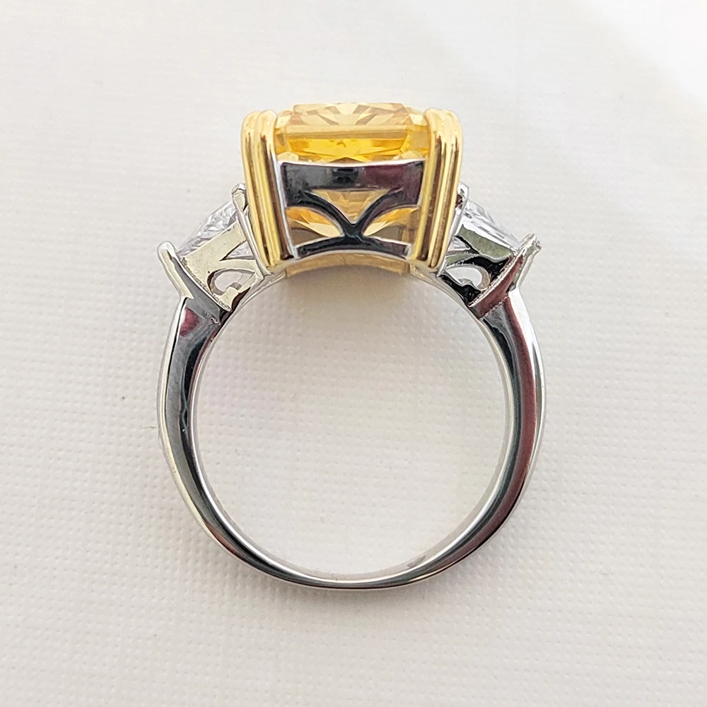 Luxury 10x14MM Rectangular Yellow High Carbon Diamond Ring Women 10ct Ice Cut Ring Wedding Jewelry 100% S925 Silver Gold-Plated