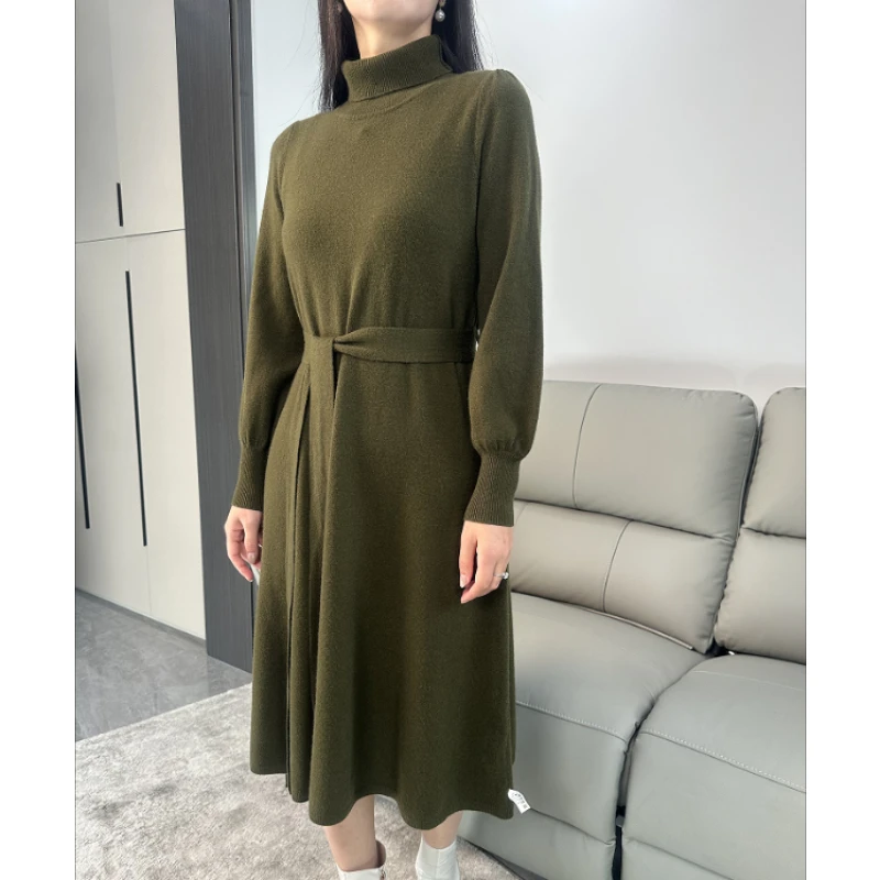 Dress Women\'s Autumn and Winter Knitted Thickened High Neck Long Sleeve Solid Color with Coat Medium Long Warm Fashion Elegant