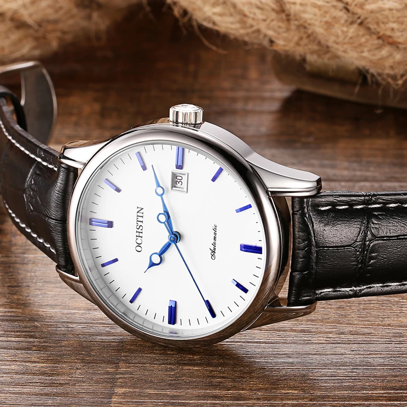 

Мужские автоматические часы OCHSTIN Slim, роскошный корпус из нержавеющей стали, кожаный ремешок, деловые механические наручные часы с датой, простой дизайн