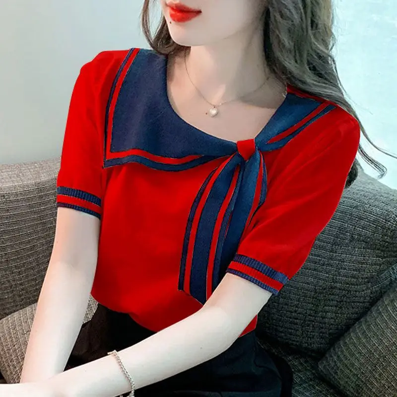 Ice Silk Preppy Style Short Sleeve T-Shirt Female 2024 New Summer Women\'s Trendy Chic Versatile Sweet Sailor Collar Top