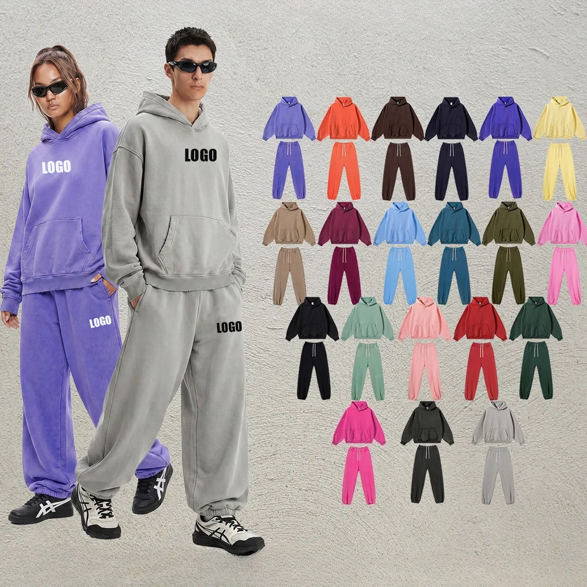 Custom LOGO men's women's 365G heavy cotton polyester retro washing water old  fleece hooded sweatshirt sweatpants set XS-2XL