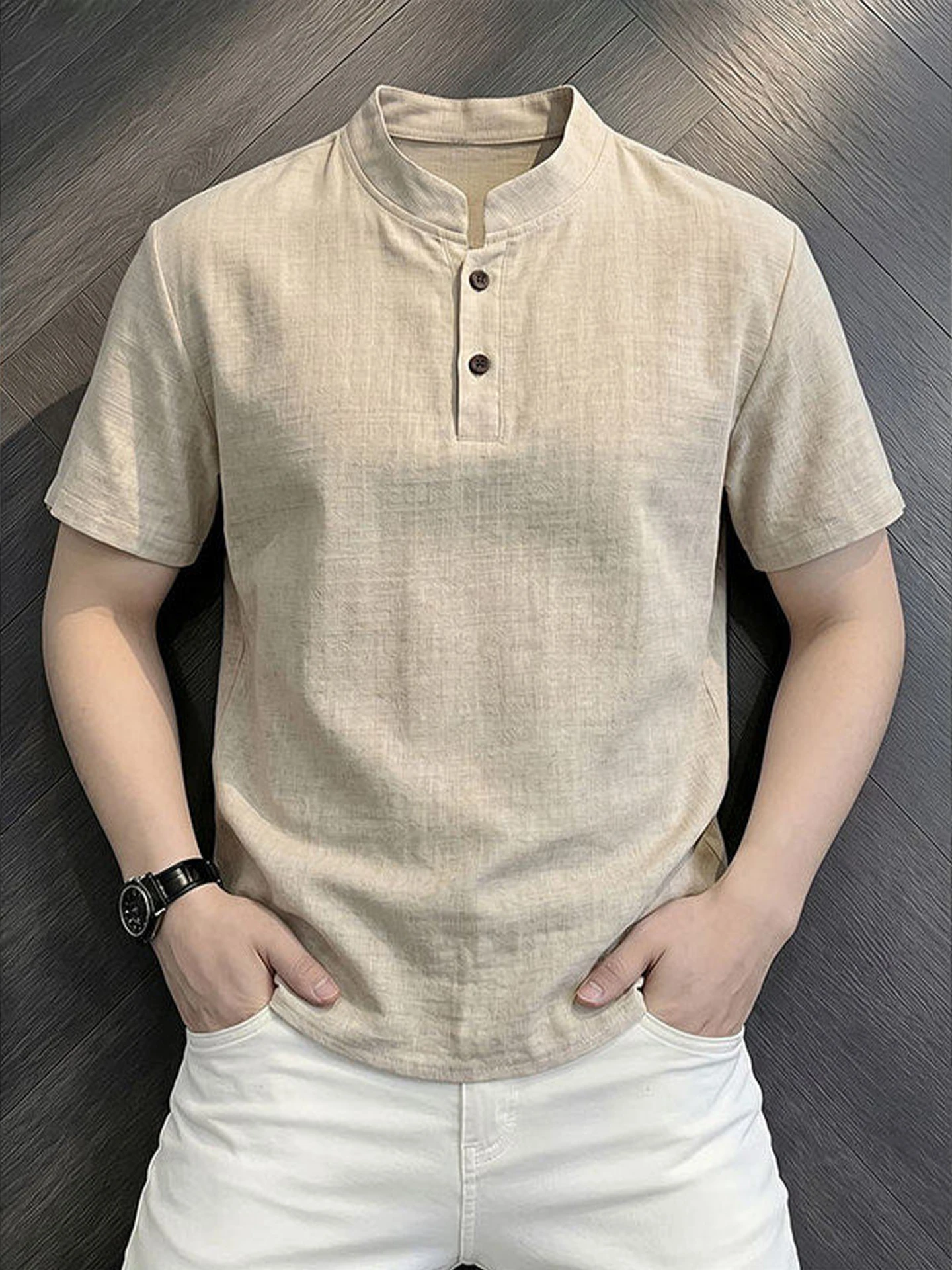Men's Short Sleeve  Shirt Linen Simulation Stand Collar Quick Dry Breathable Henry Collar Cotton Linen Summer T-Shirt