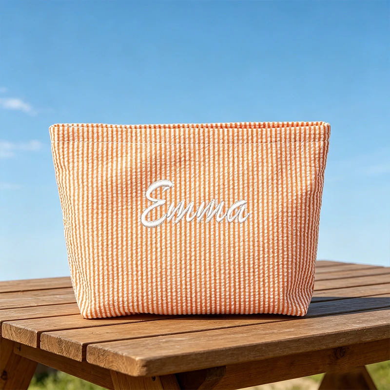 Customised Embroidery/Standard Style 2 Options, Bubble Gauze Striped Makeup Bag, Storage Pouch, Back-to-School Season image 3