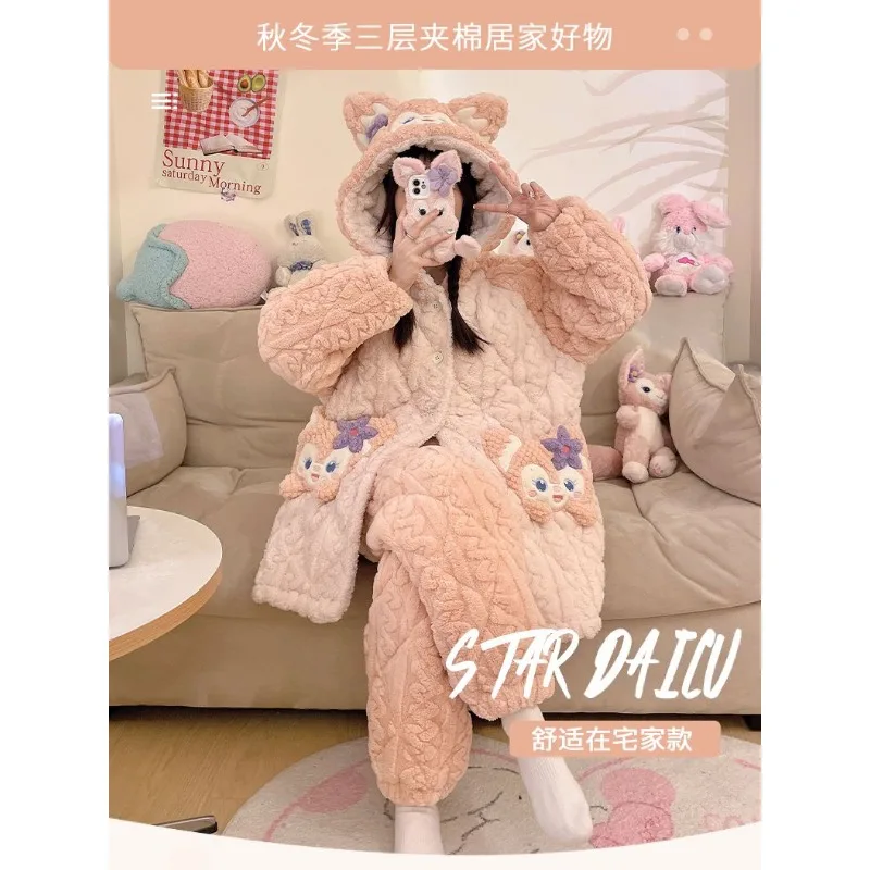 Nuovo cartone animato Kawaii Girl Heart LinaBell Series Pigiama Disney Cute Autunno e inverno Caldo addensato Casual Homewear Set all'ingrosso