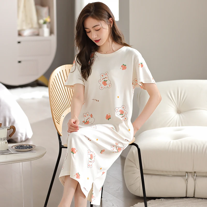 2024 Fashion Women Cotton Long Nightgowns Sleepshirts Summer Home Dress Sleepwear Comfortable Nightdress Indoor Clothing