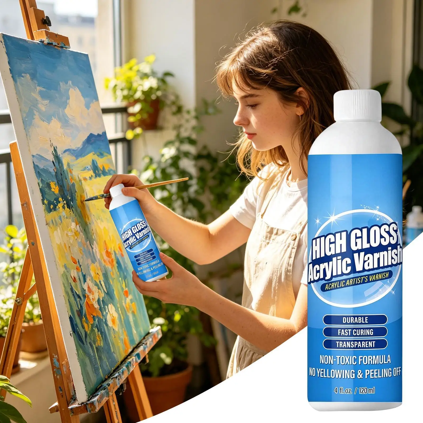 120ml High Gloss Varnish For Acrylic Paintings, Fast Drying & UV Resistant Protects Canvas Wood Crafts Professional Grade
