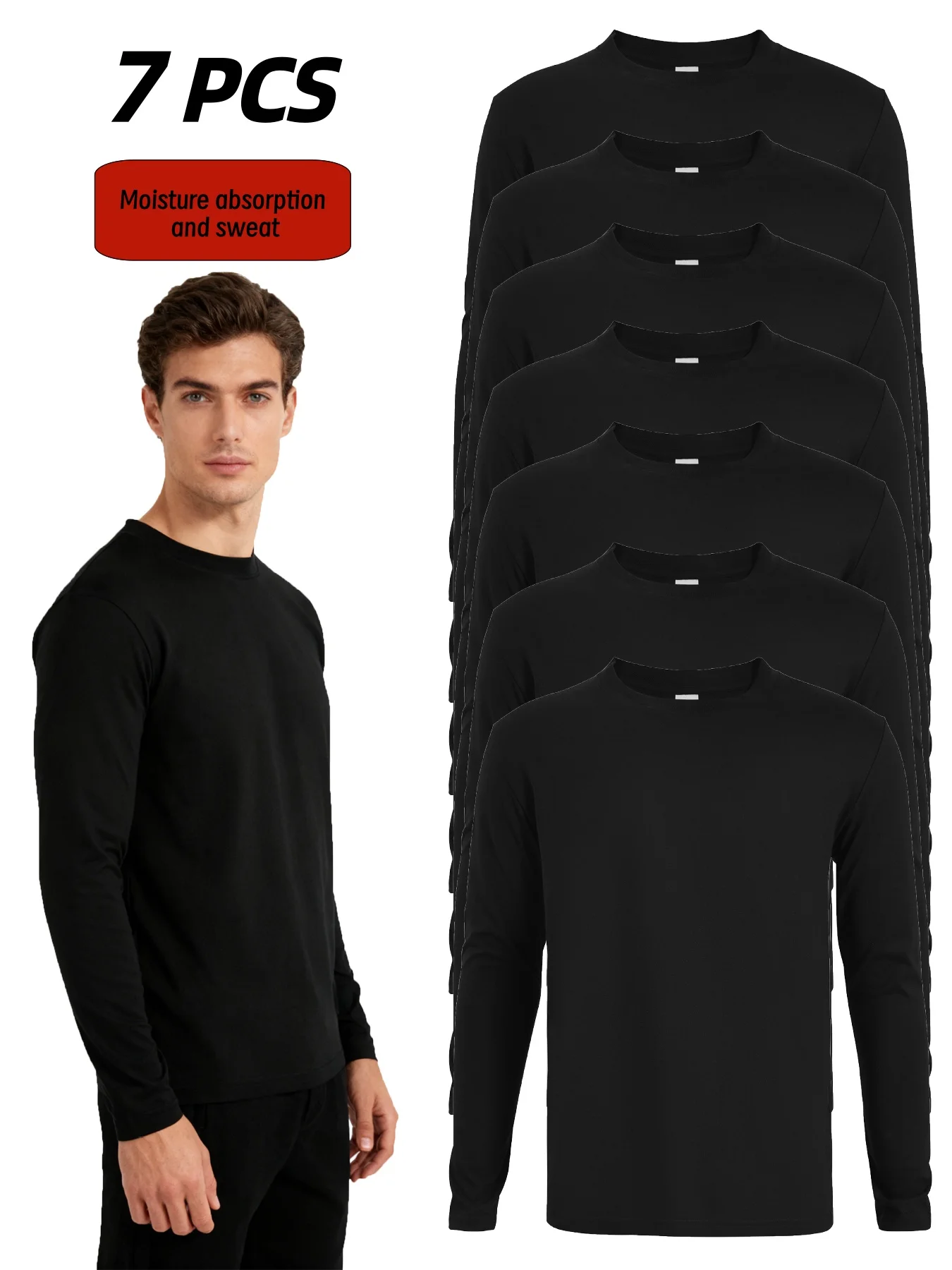 

7-piece men's long sleeved T-shirt - casual knitted pure cotton top moisture absorbing and breathable quick drying garment