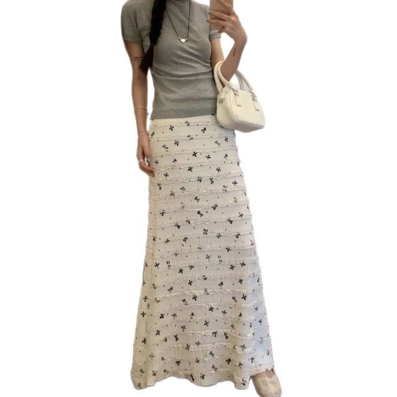 2025 ฤดูร้อนเกาหลี Hollow Lace Midi กระโปรงโบว์ผีเสื้อ SLIM FIT Fish Tail108