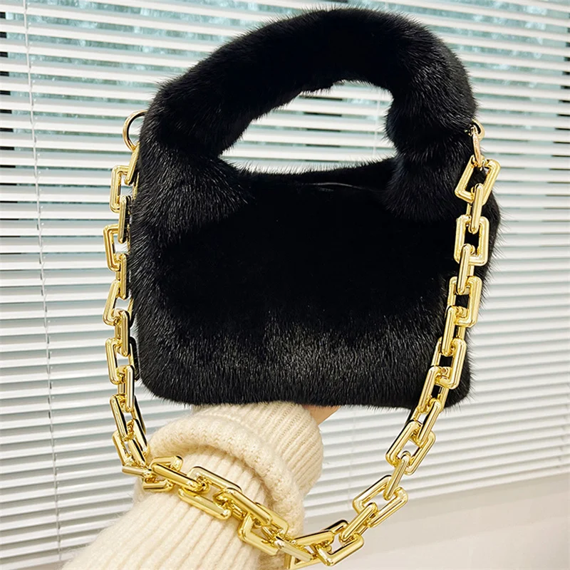 Luxury Women\'s Handheld Fur Bag Mink Hair Large Capacity Fashion Leopard Print Crossbody Bag Real Fur Versatile Chain Plush Bag