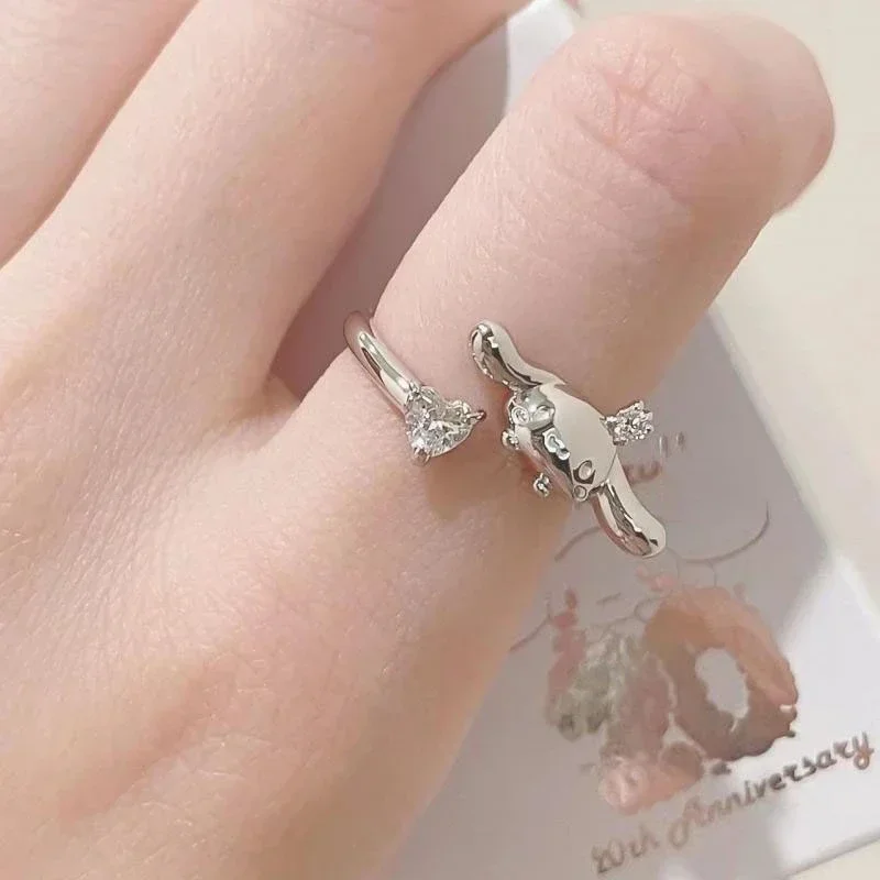 Sanrio Ring Female Cinnamoroll Creative Fashion Design New 2022 Kawaii Inlaid Diamond Versatile Open Ring Give Gifts To Friends