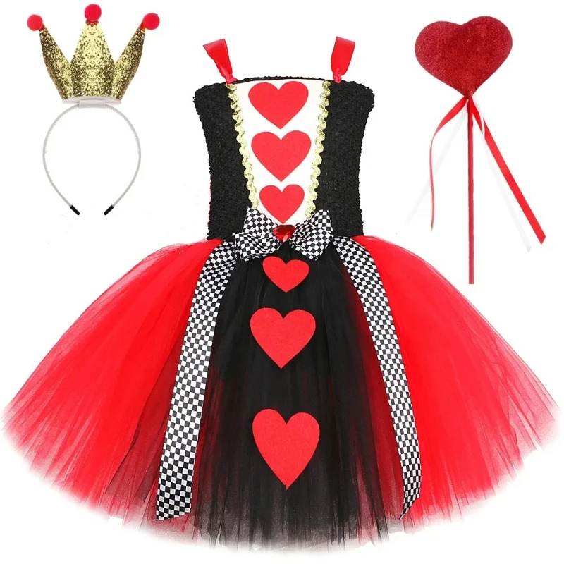 Red Queen of Hearts Costumes for Girl Carnival Party Tutu Dress Up Wonderland Cosplay Halloween Costume for Kids Fancy Clothes