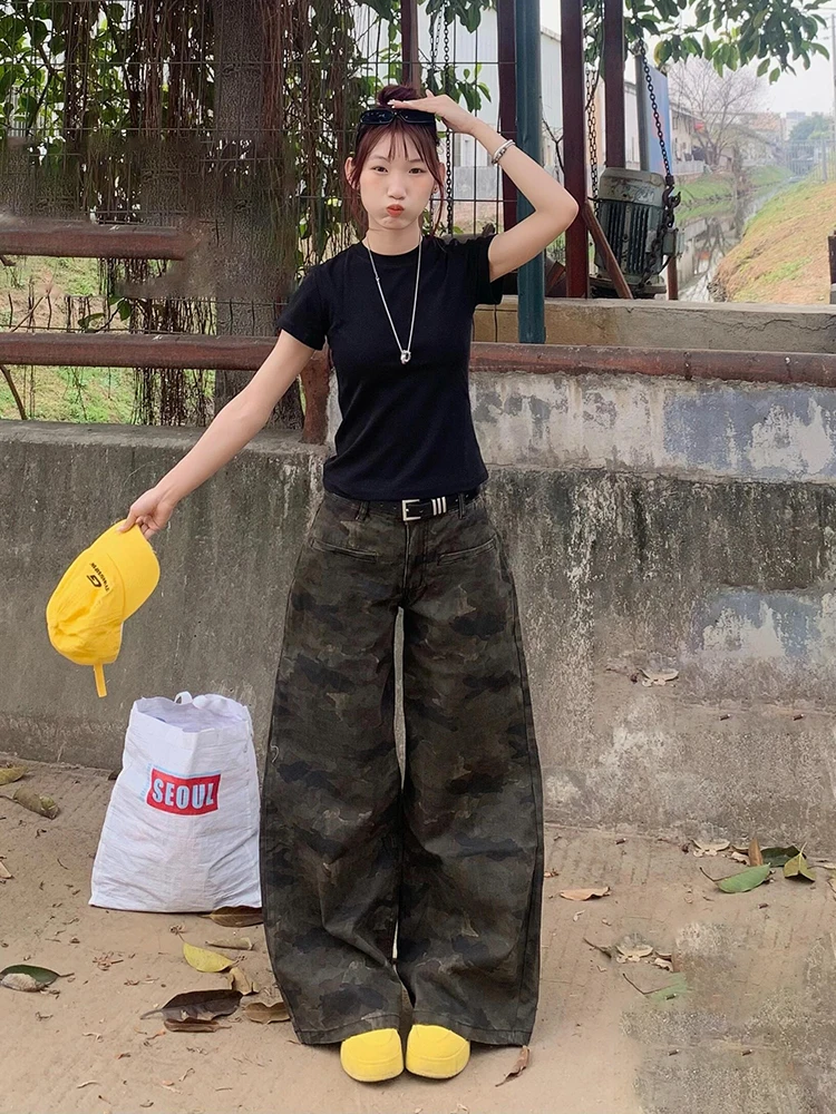 

Американские ретро-джинсы в стиле рабочей одежды с камуфляжным принтом, высокой талией, широкими штанинами и дизайном «нож», женские, весенние, новые, повседневные, модные брюки