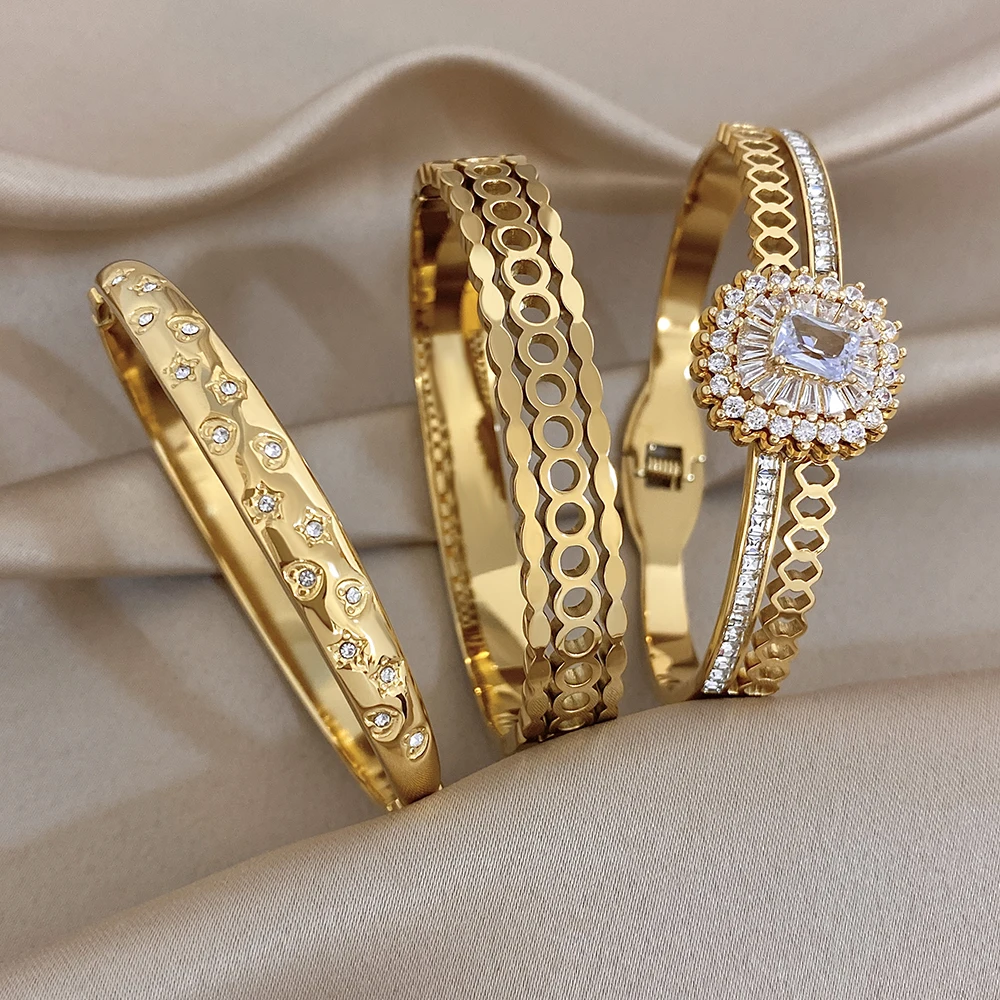 Greatera Exaggerated Square Stainless Steel Bracelet Elliptical Wave Retro Diamond-shaped Hollowed-out Pattern Women's Bangles