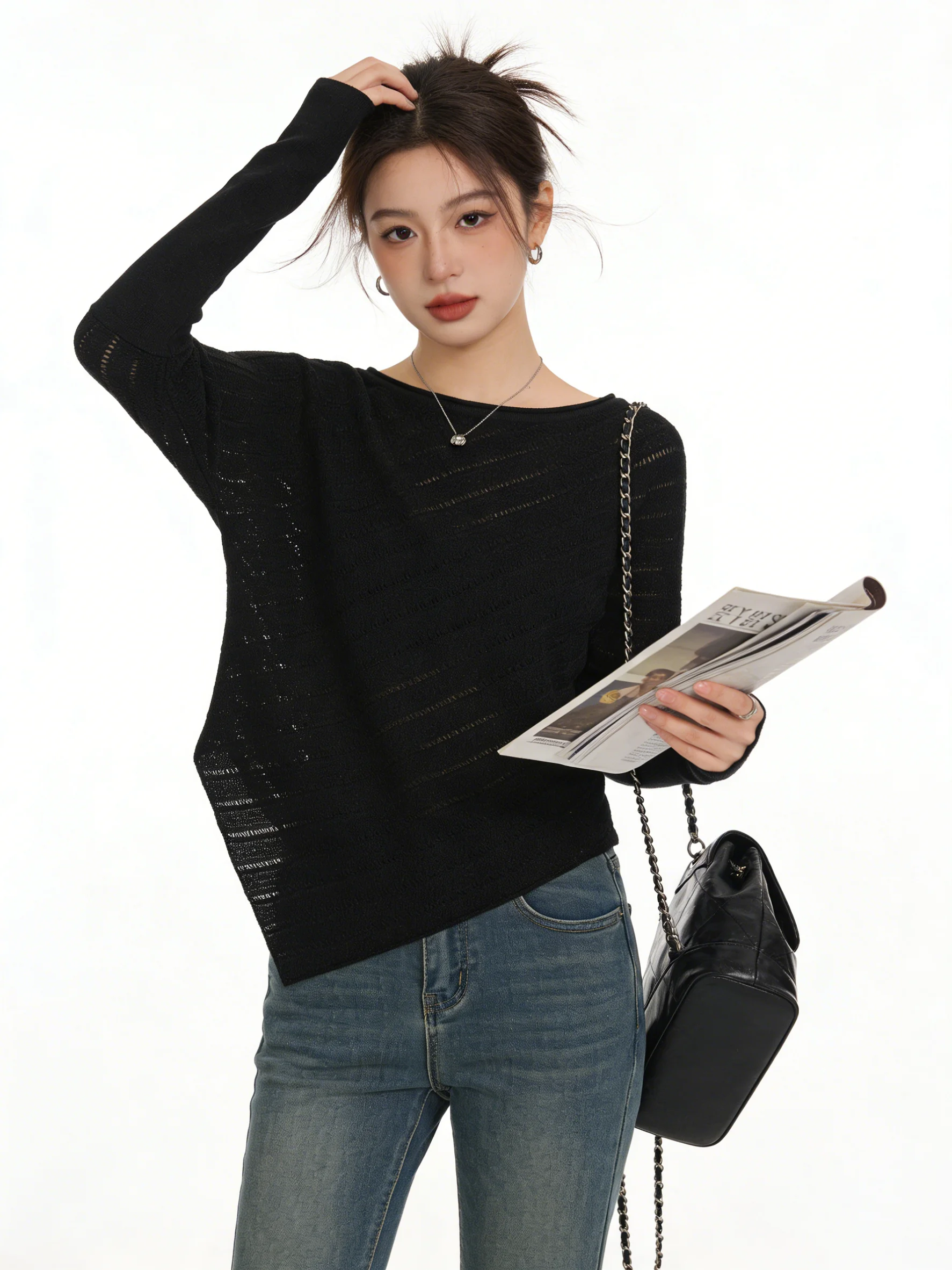 

Повседневный женский вязаный топ с открытыми плечами и рукавами «летучая мышь» для ранней весны, с эффектом похудения, универсальный, стандартный крой