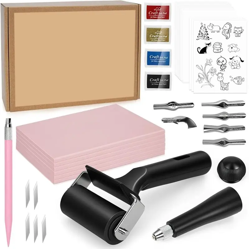 

【EFFICIENT 】Linocut Block Printing Kit 47 Pcs Cartoon Pattern Paper- Complete Stamp Making Set For Beginners, Artists DIY Crafts