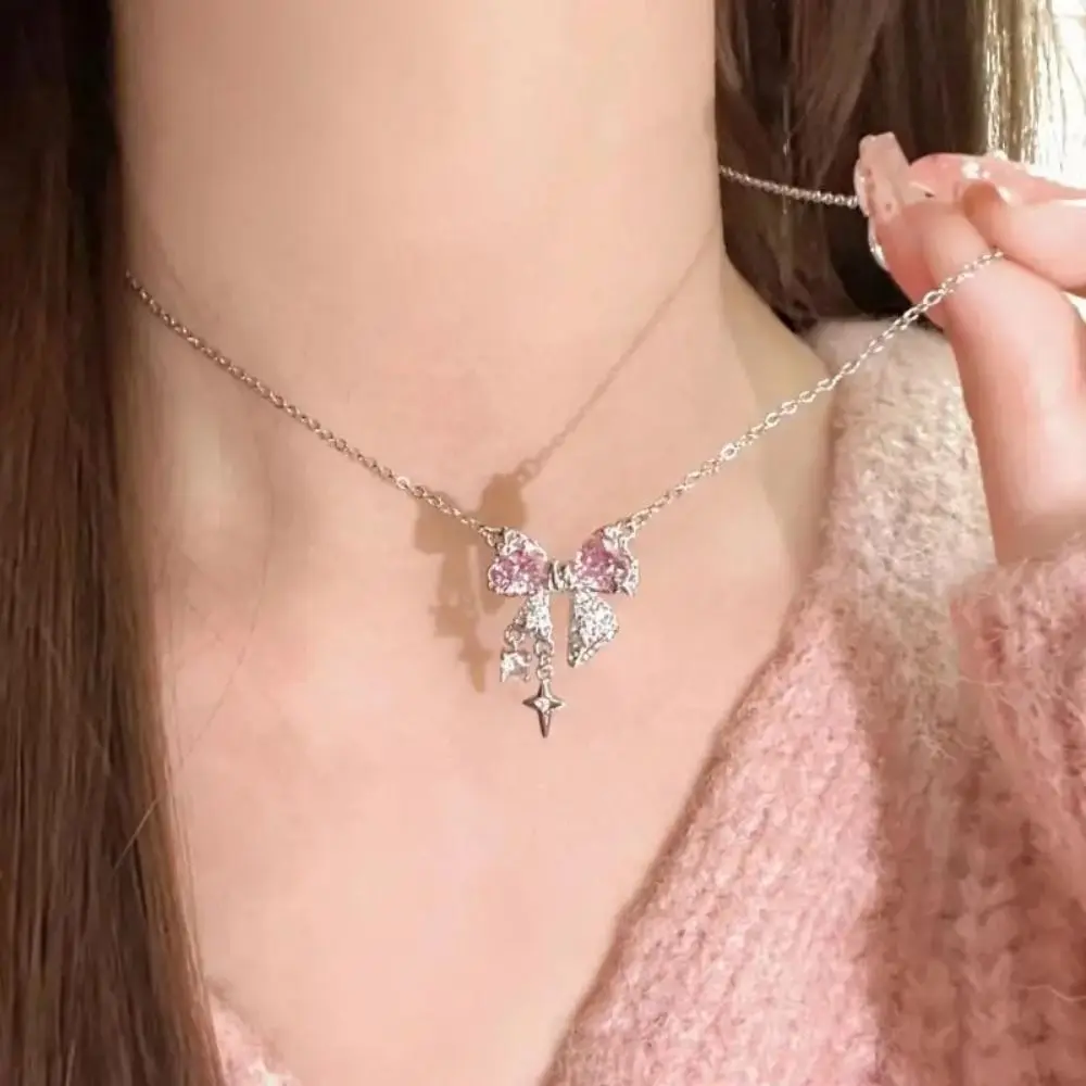 Beauty Alloy Bowknot Necklace Classic Simple Zircon Cross Pendant Fashion Silver Temperament Clavicle Chain Lady/Girls