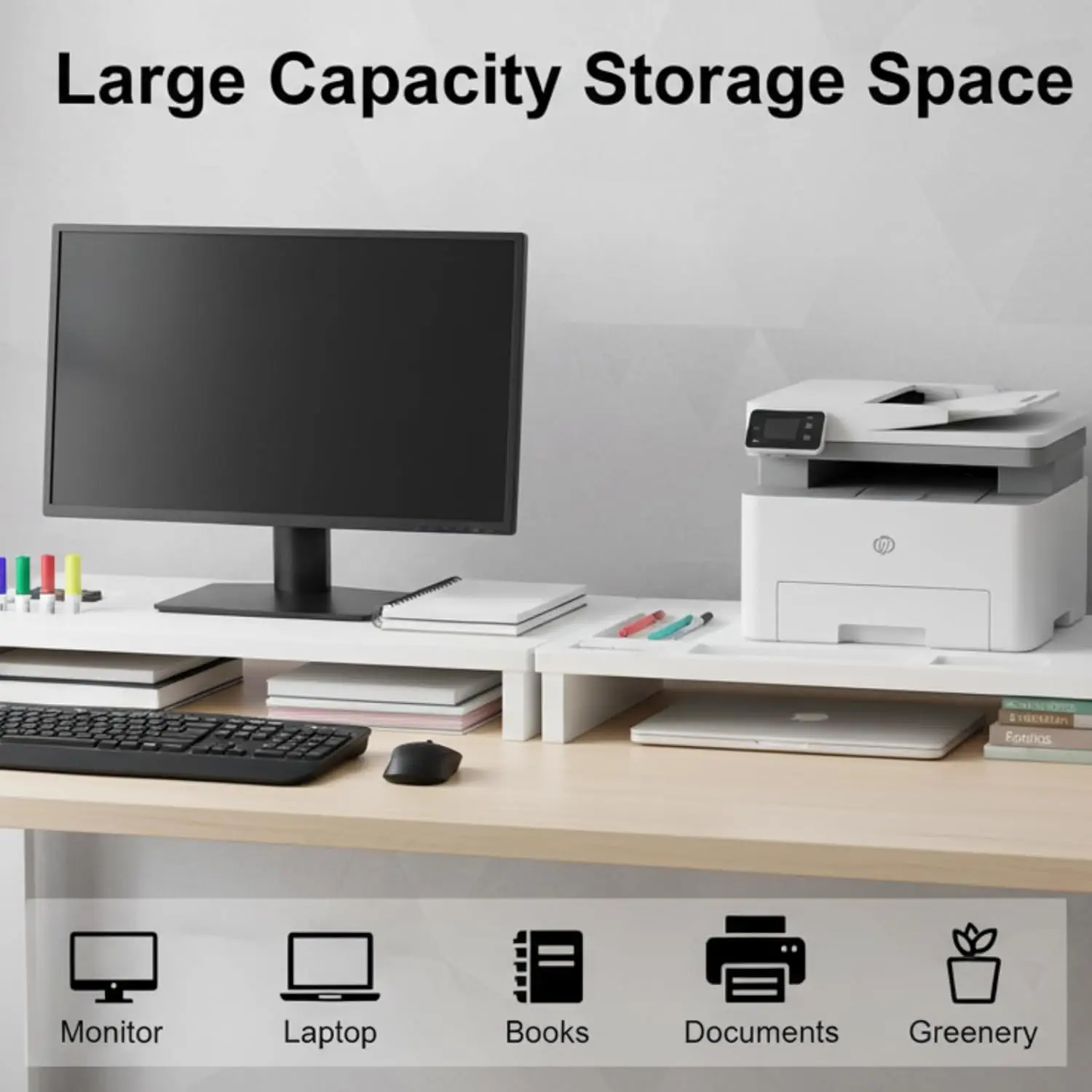 حامل شاشة كمبيوتر من الخيزران للمكتب، منظم سطح المكتب متعدد الأغراض مع مساحة تخزين تحت الرف وحامل الكمبيوتر المحمول #2