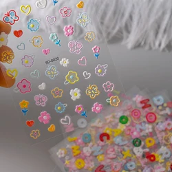 1Pc 5D Embossed Kawaii Floral Butterfly Nail Sticker 3D Cartoon Bow Rabbit Strawberry Adhesive Decals Vacation Nail Sliders