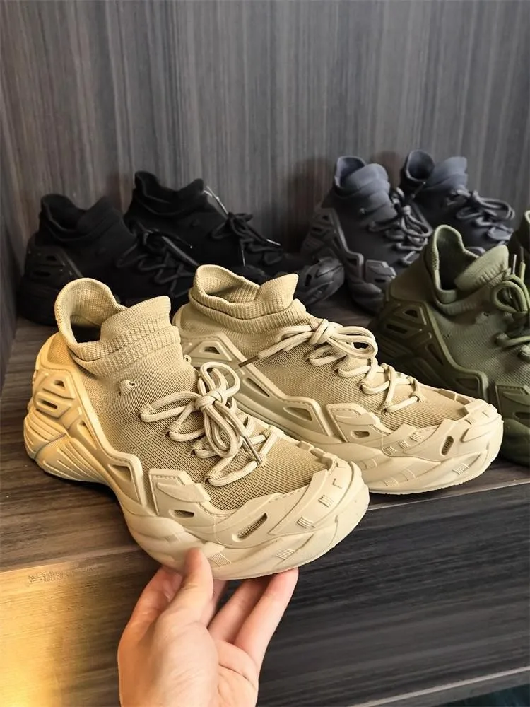 New Fashion Mens Breathable Lace Up Round Toe Thick Platform Patchwork Running Shoes Mesh Fabric Sport Shoes Jogging Sneakers