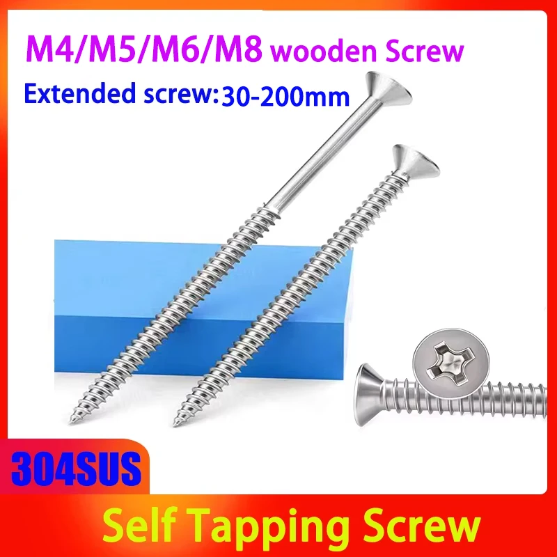 M4/M5/M6/M8 304 Stainless Steel Extended Flat Head Self Tapping Screw Countersunk Screw Switch Socket Wooden Screw L:30-200mm