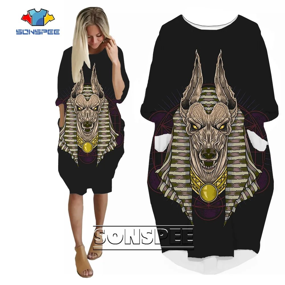 SONSPEE New Retro Style 3D Printed Grim Reaper Anubis Graphic Dress  Long Sleeve Women Casual Robe Street Personality Skirt