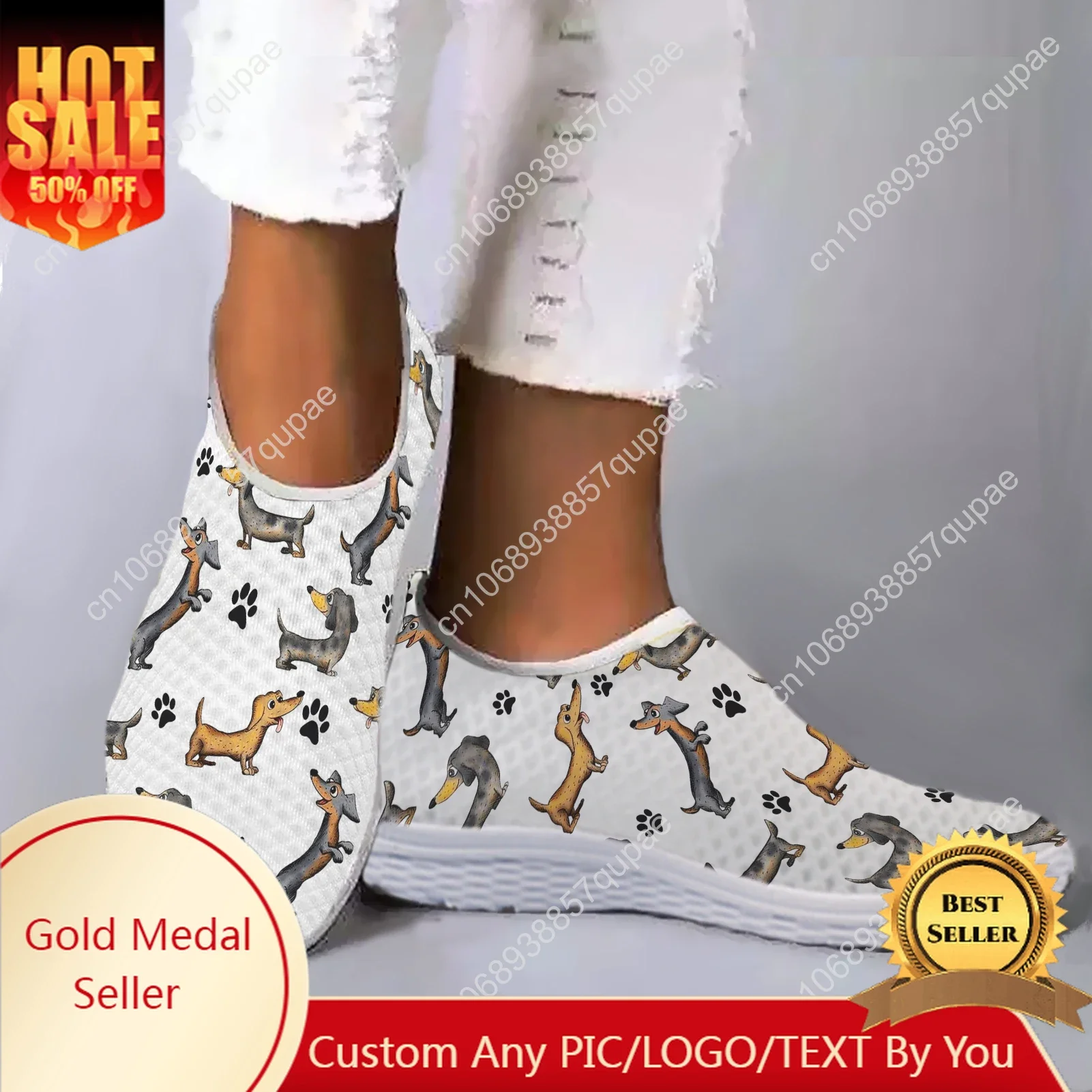 

Cartoon Dachshund Dog Paw Print Mesh High Quality Sneakers Women Men Teenager Casual Fashion Custom Made Tennis Flat Couple Shoe