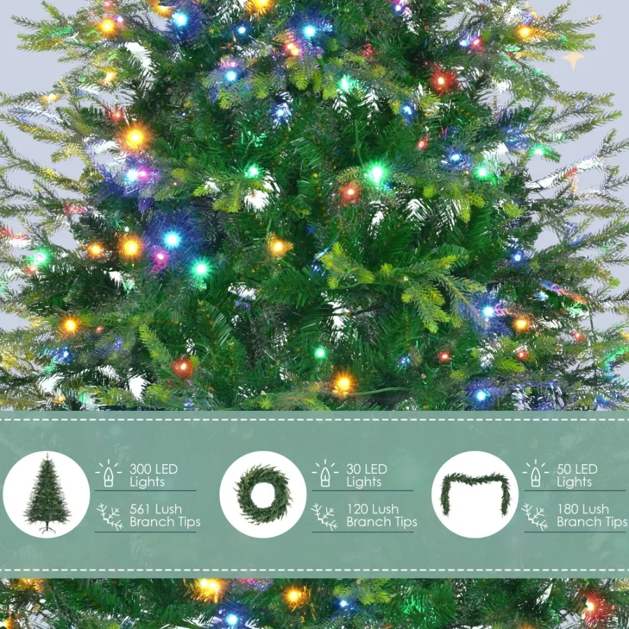 6FT PreLit Aspen Tanne Künstlicher Weihnachtsbaum mit Kranz Girlande Grasgrüner Weihnachtsbaum mit 380 mehrfarbigen LED-Leuchten 11 Lichter