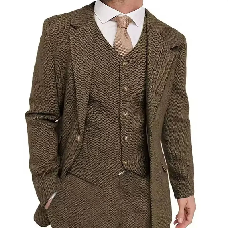 الرجعية متعرجة الرجال السترة الدعاوى الخريف الشتاء واحدة الصدر 3 قطعة مجموعة سترة سترة بانت سميكة نمط معاطف سهرة رسمية