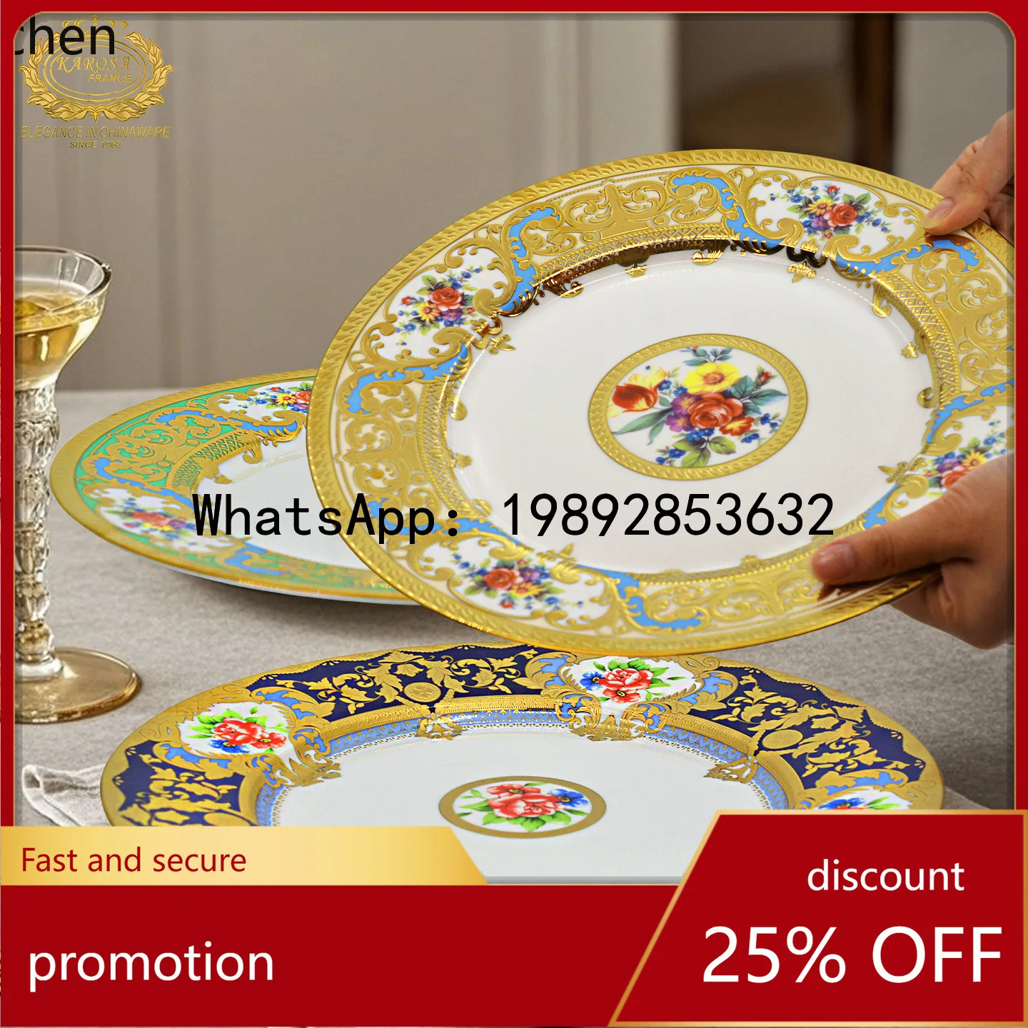 ZZ Bone Porcelain Embossed Gold 12inch Flat Plate Steak Plate Salad Plate Round