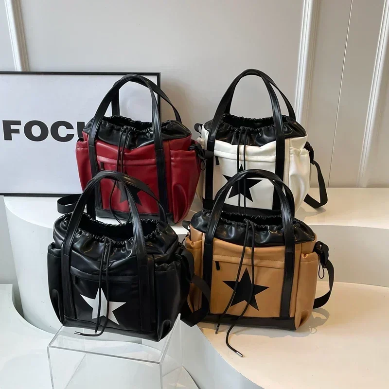 Star Print High Quality String PU Hand Bags High Capacity Casual Tote Ruched Shoulder Bags 2024 Hot Sale Bags for Women Bolsa